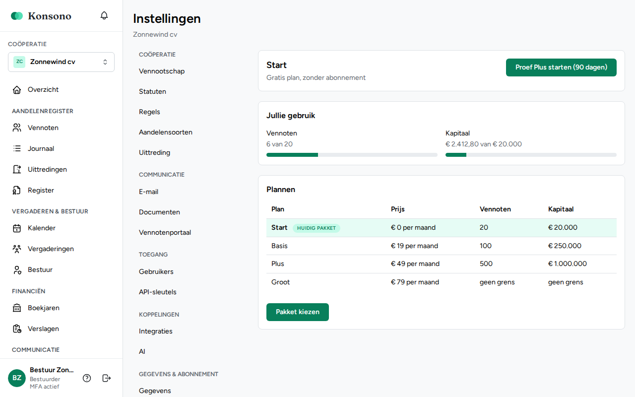 Instellingen: onderdeel Abonnement