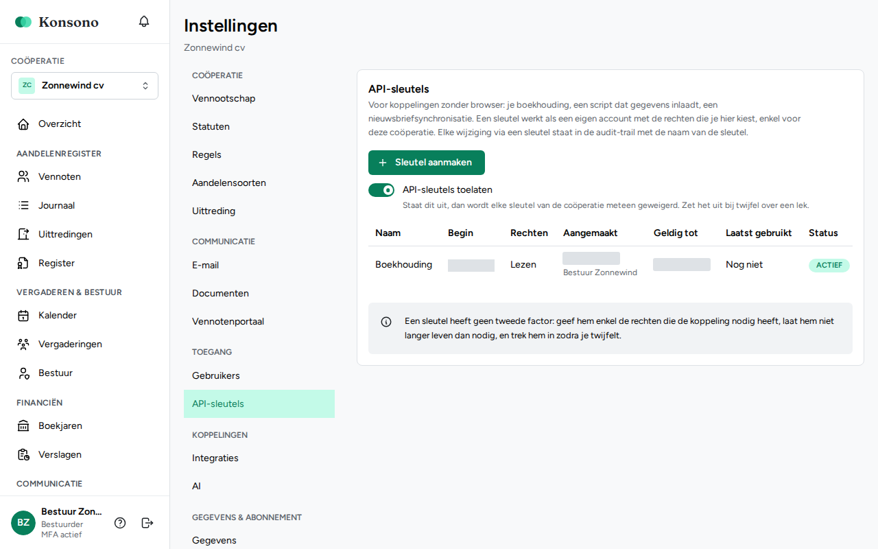Instellingen: onderdeel API-sleutels