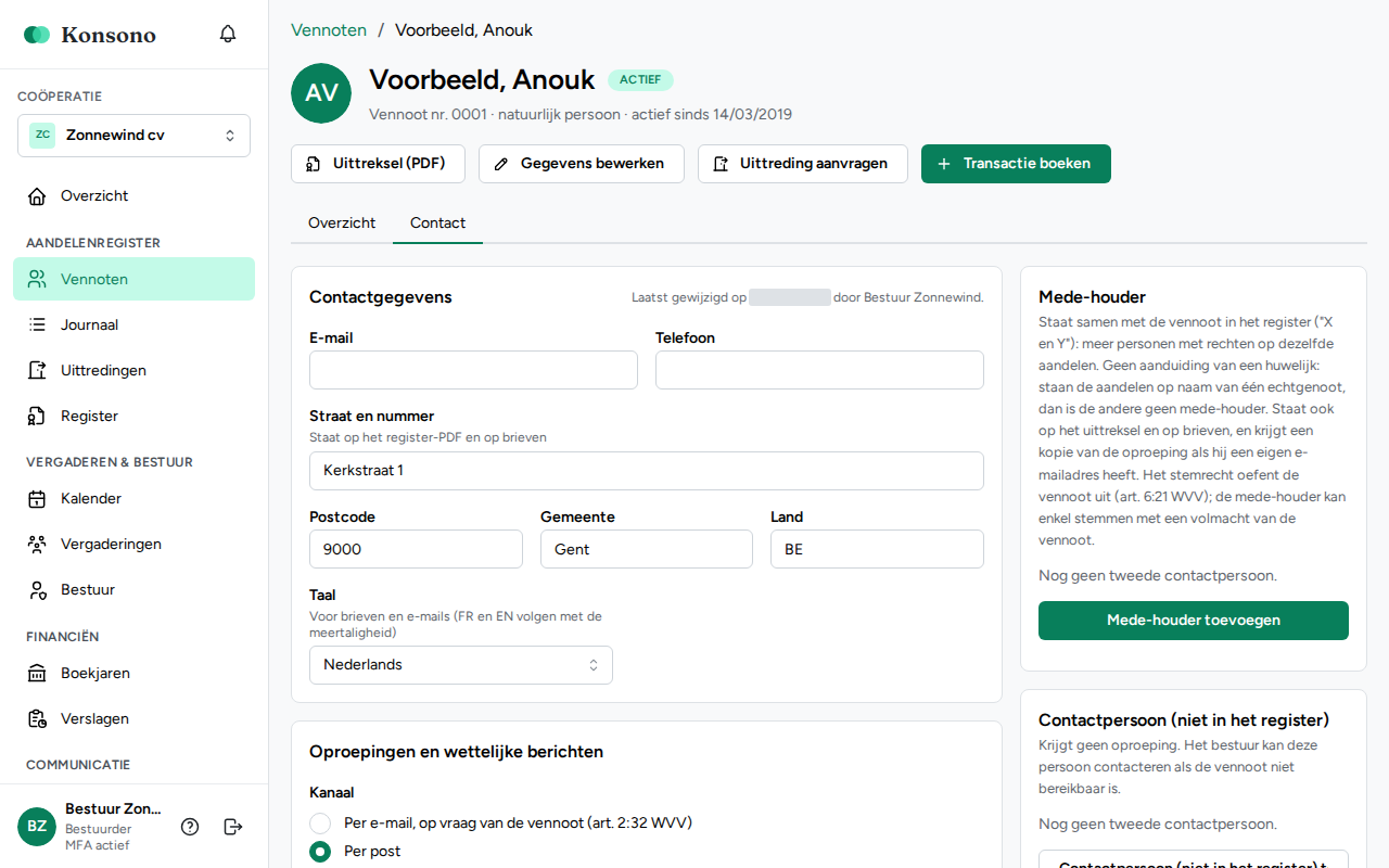 Vennoot: tabblad Contact