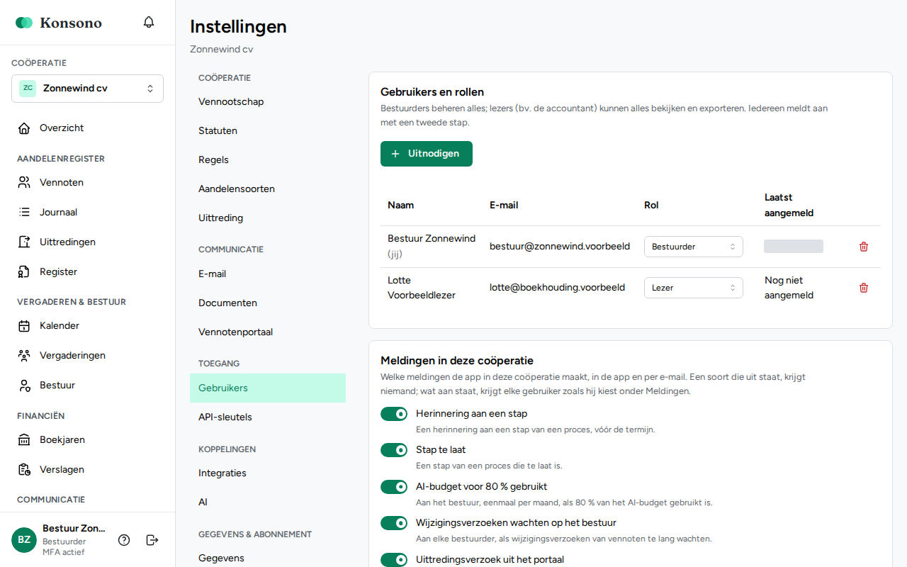 Instellingen: onderdeel Gebruikers