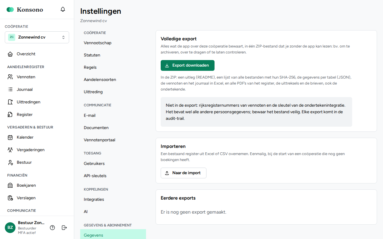 Instellingen: onderdeel Gegevens