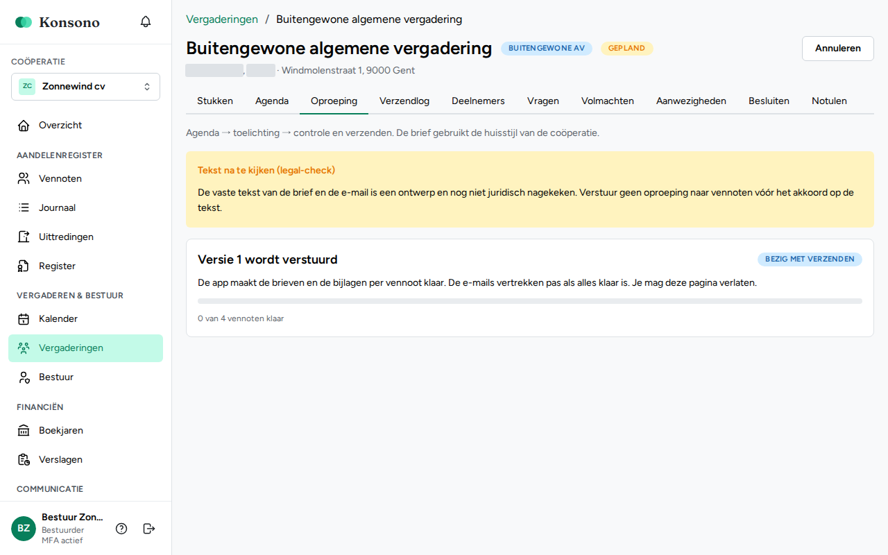 Vergadering: tabblad Oproeping
