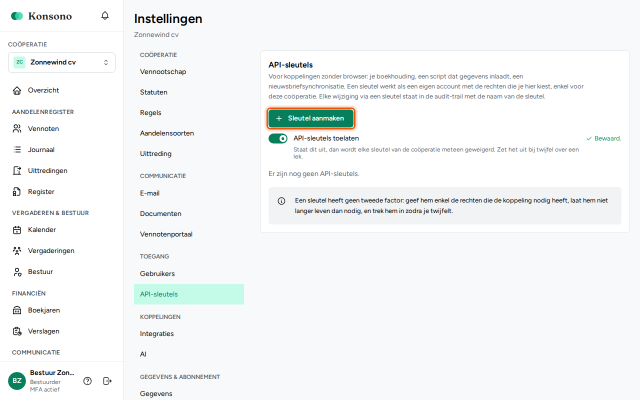 Een API-sleutel aanmaken, stap 2
