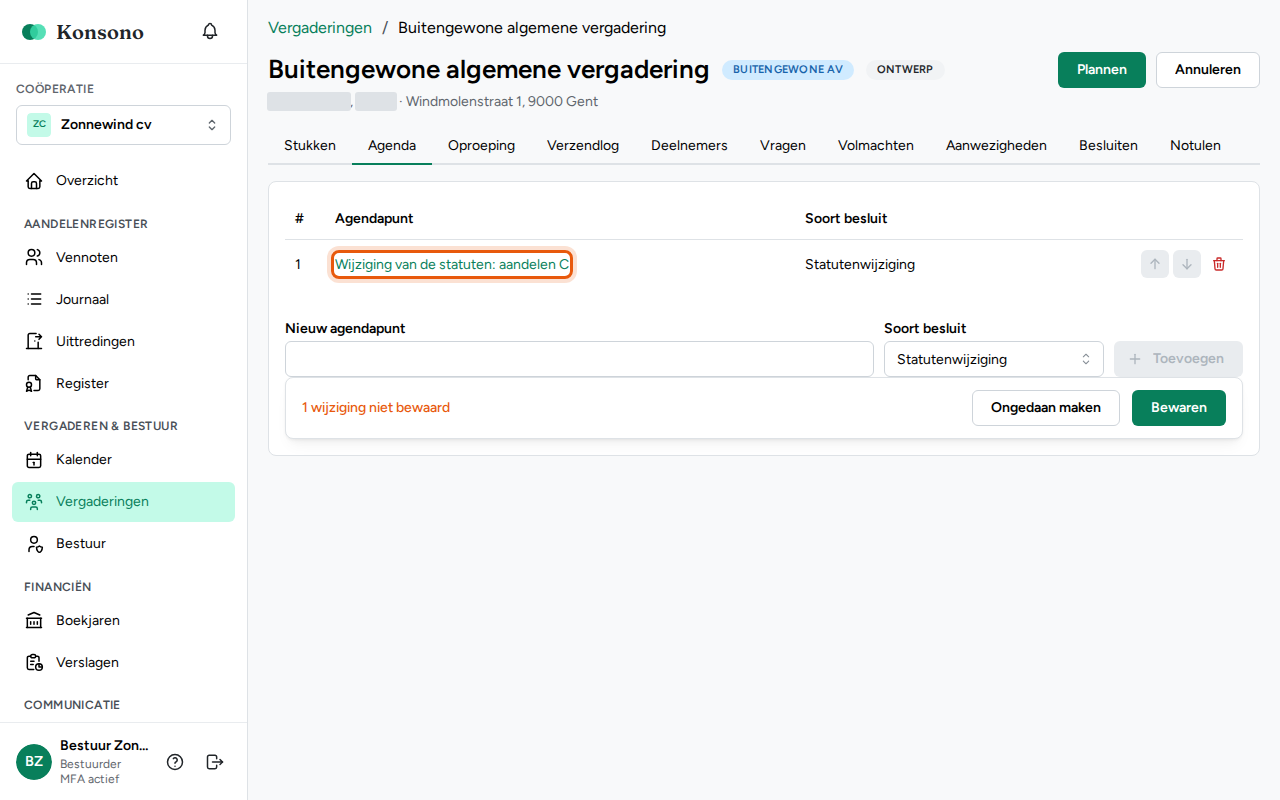 De agenda opmaken, stap 2