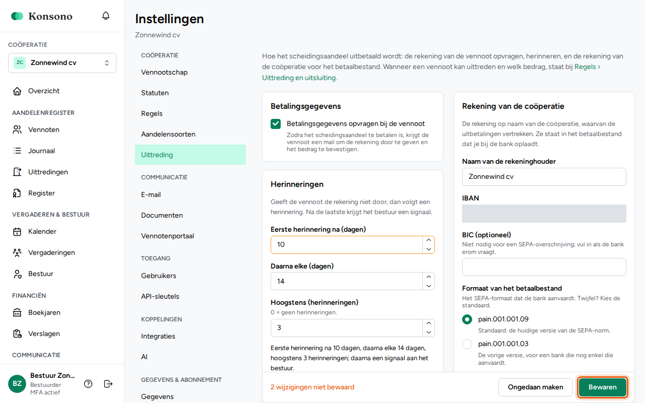 De betaling van een uittreding instellen, stap 3