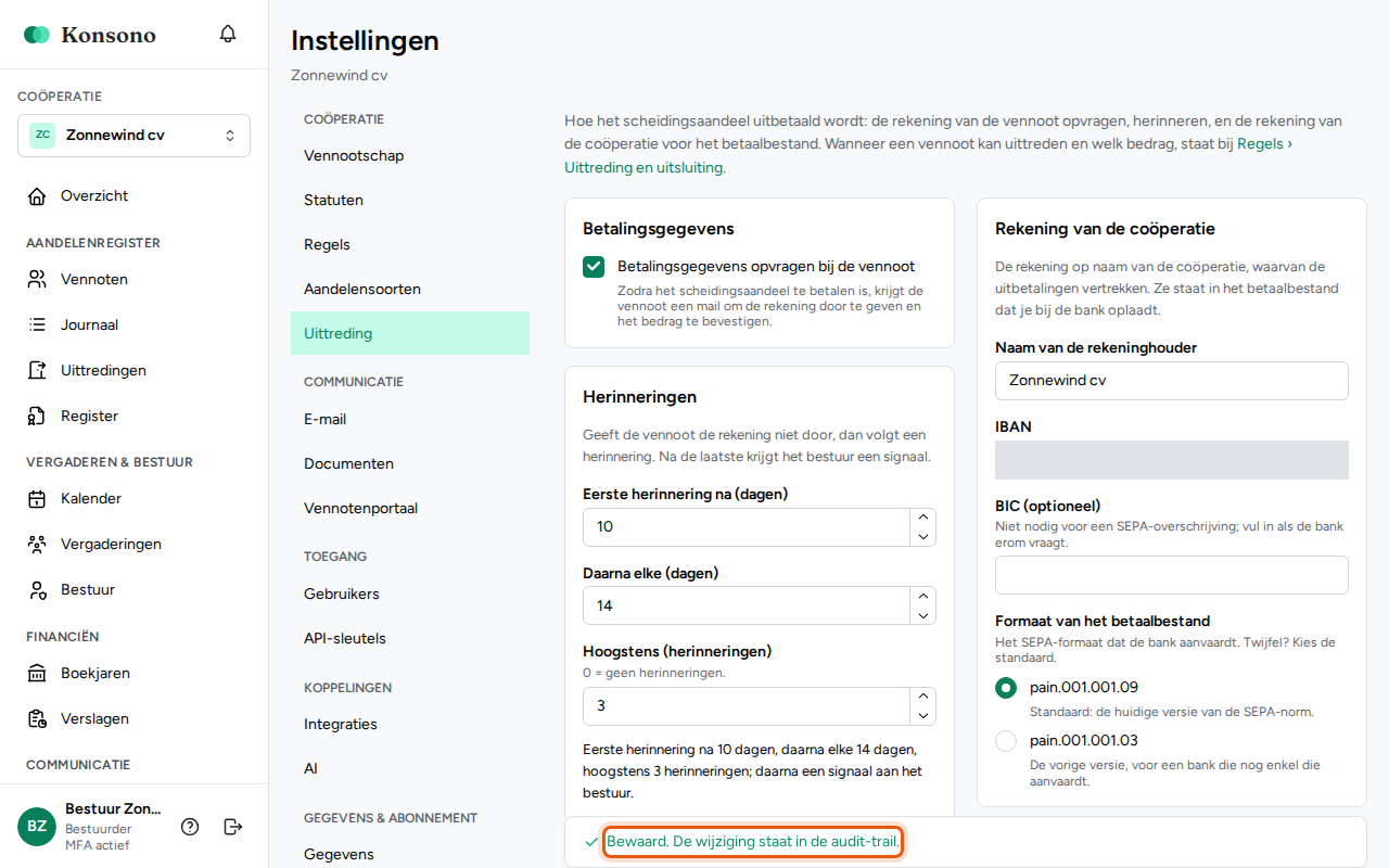 De betaling van een uittreding instellen, stap 4